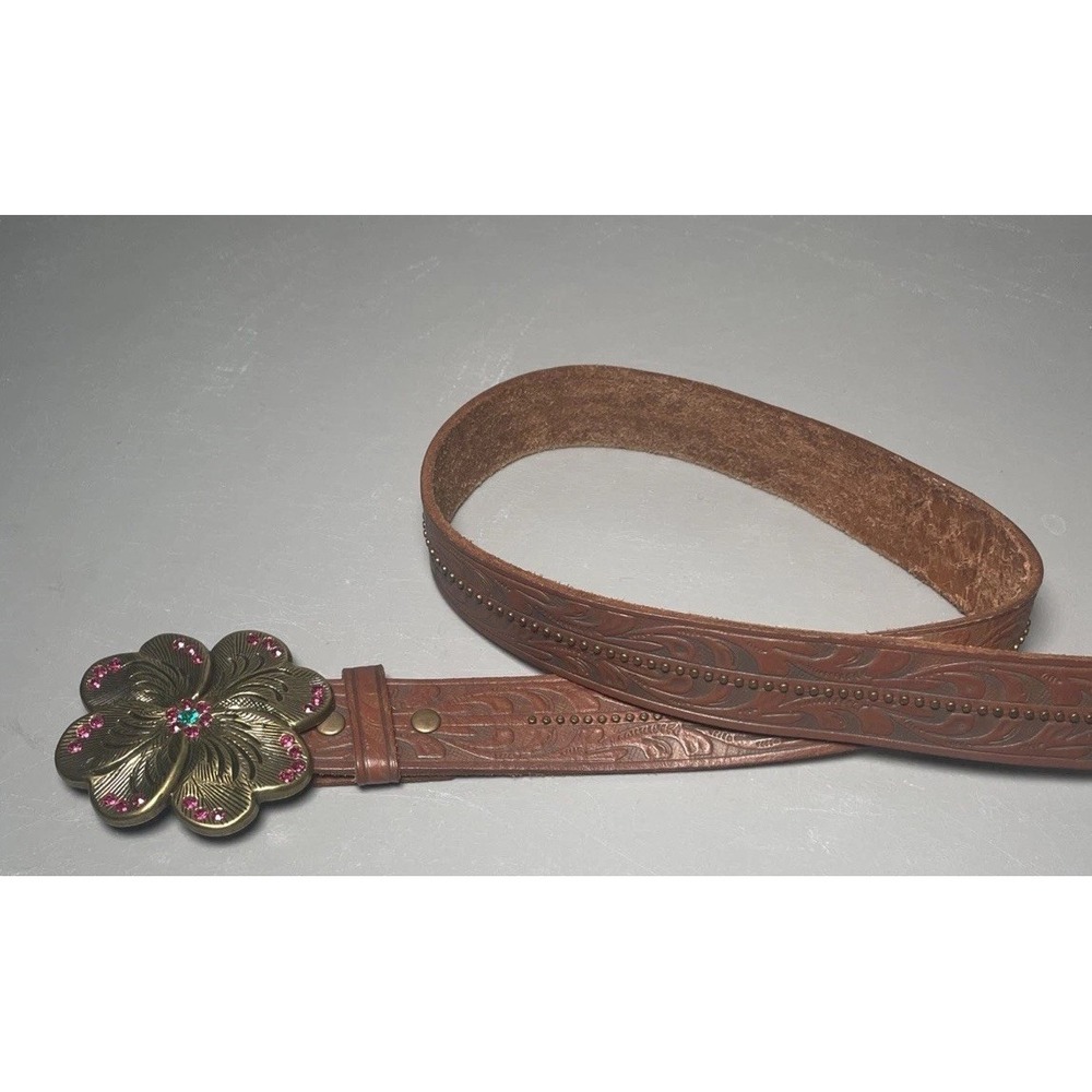 Women's Western Tooled Studded Leather Flower Buckle Belt Size L